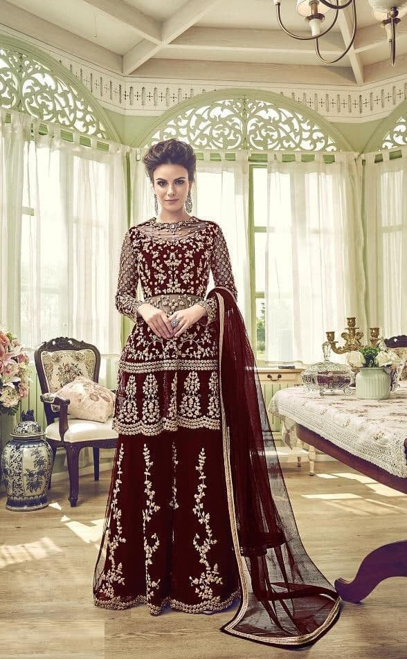 Maroon Sharara Suit In Butterfly Mono Net With Embroidery Work