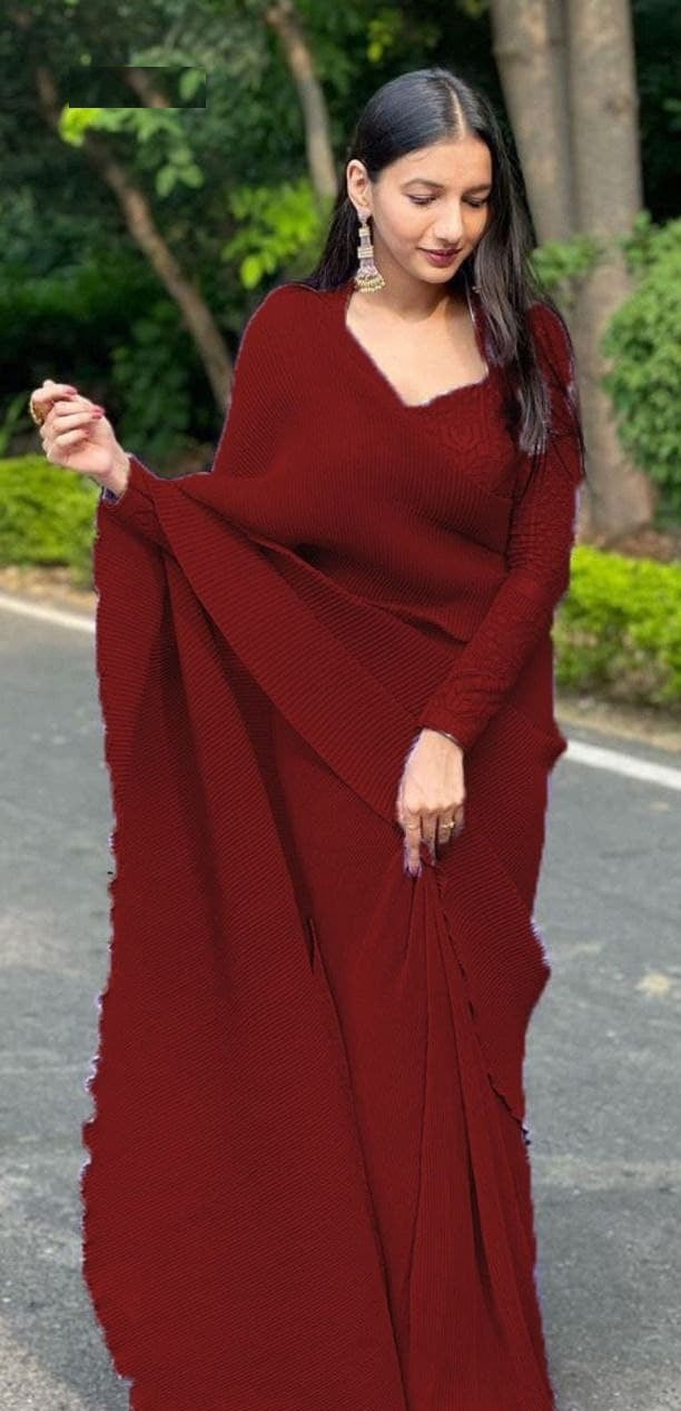 Maroon Saree In Fox Georgette With Crush Pleated