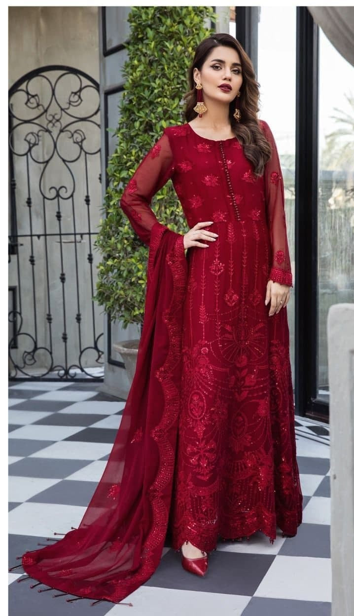 Maroon Gown In Fox Georgette With Embroidery Work