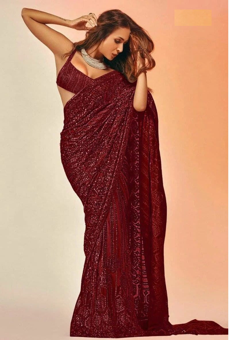 Maroon Saree In Georgette With 5 MM Sequence Work