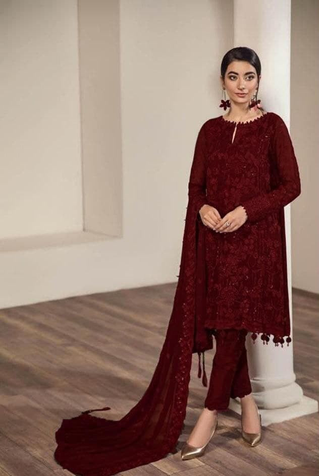 Maroon Salwar Suit In Georgette Silk With Embroidery Work