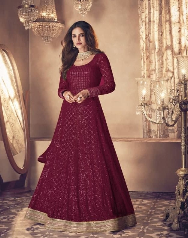 Maroon Gown In Heavy Bluming Georgette With Sequence Embroidery Work