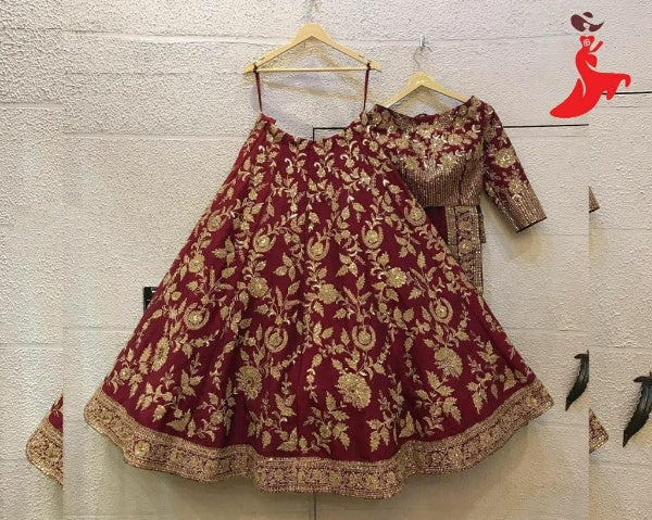 Maroon Lehenga Choli In Malai Satin Silk With Embroidery Work