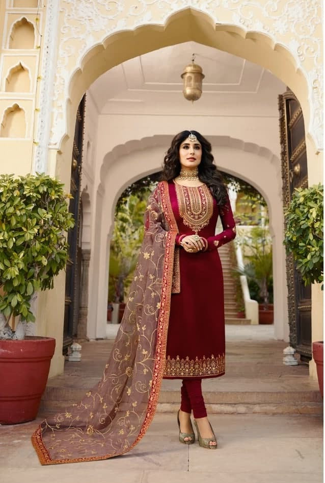 Maroon Salwar Suit In Satin Georgette With Embroidery Work