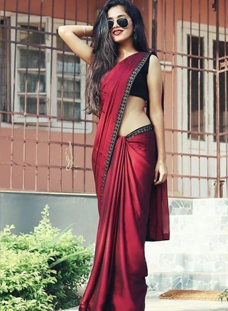 Maroon Saree In Satin Silk With Readymade Lace