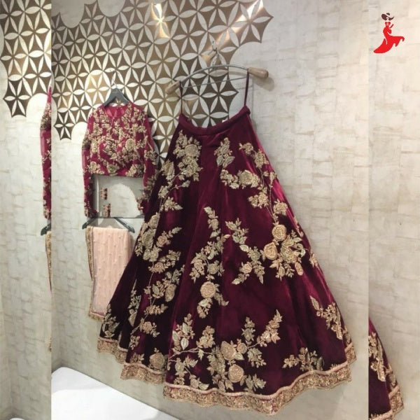 Maroon Lehenga Choli In Velvet With Embroidery Work