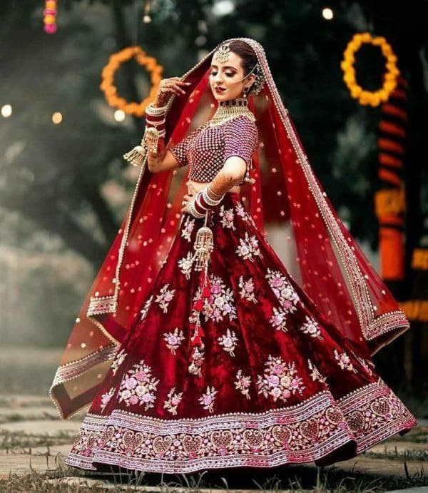 Maroon Lehenga Choli In Velvet With Embroidery Work