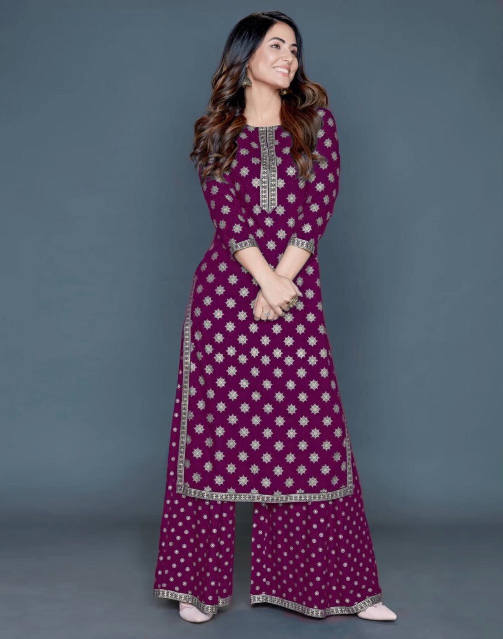 Wine Salwar Suit In 14 KG Ryon With Gold Print