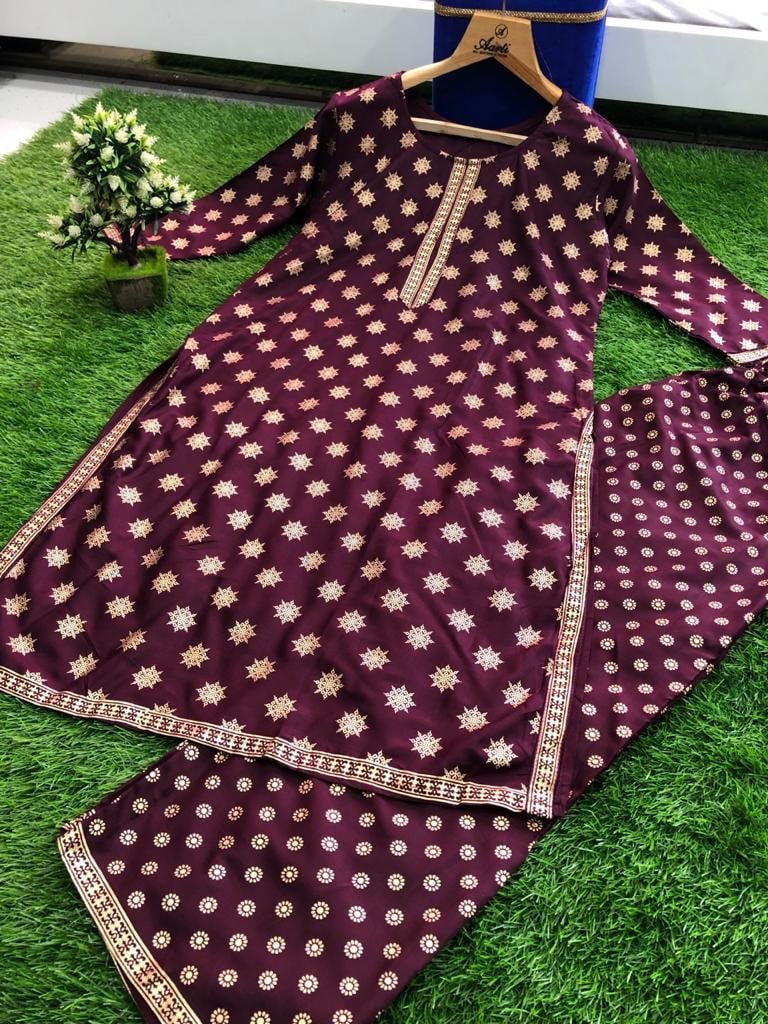 Wine Salwar Suit In 14 KG Ryon With Gold Print