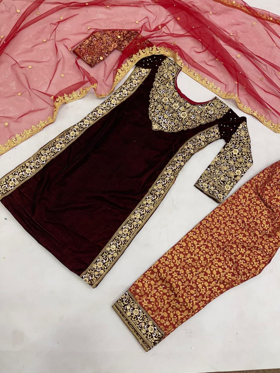Maroon Salwar Suit In 9000 Velvet With Embroidery Work