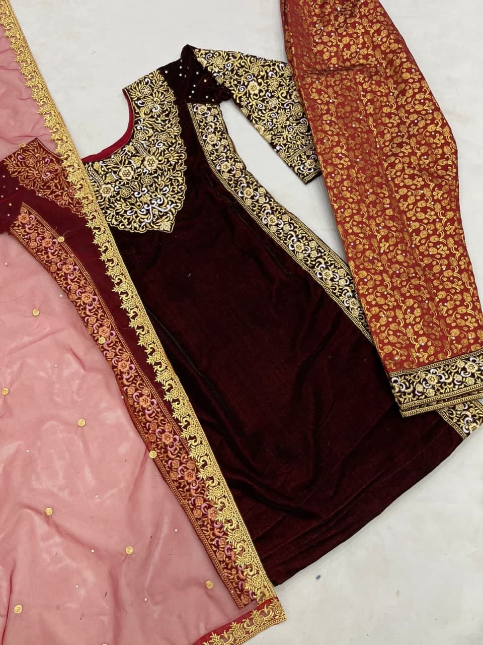 Maroon Salwar Suit In 9000 Velvet With Embroidery Work