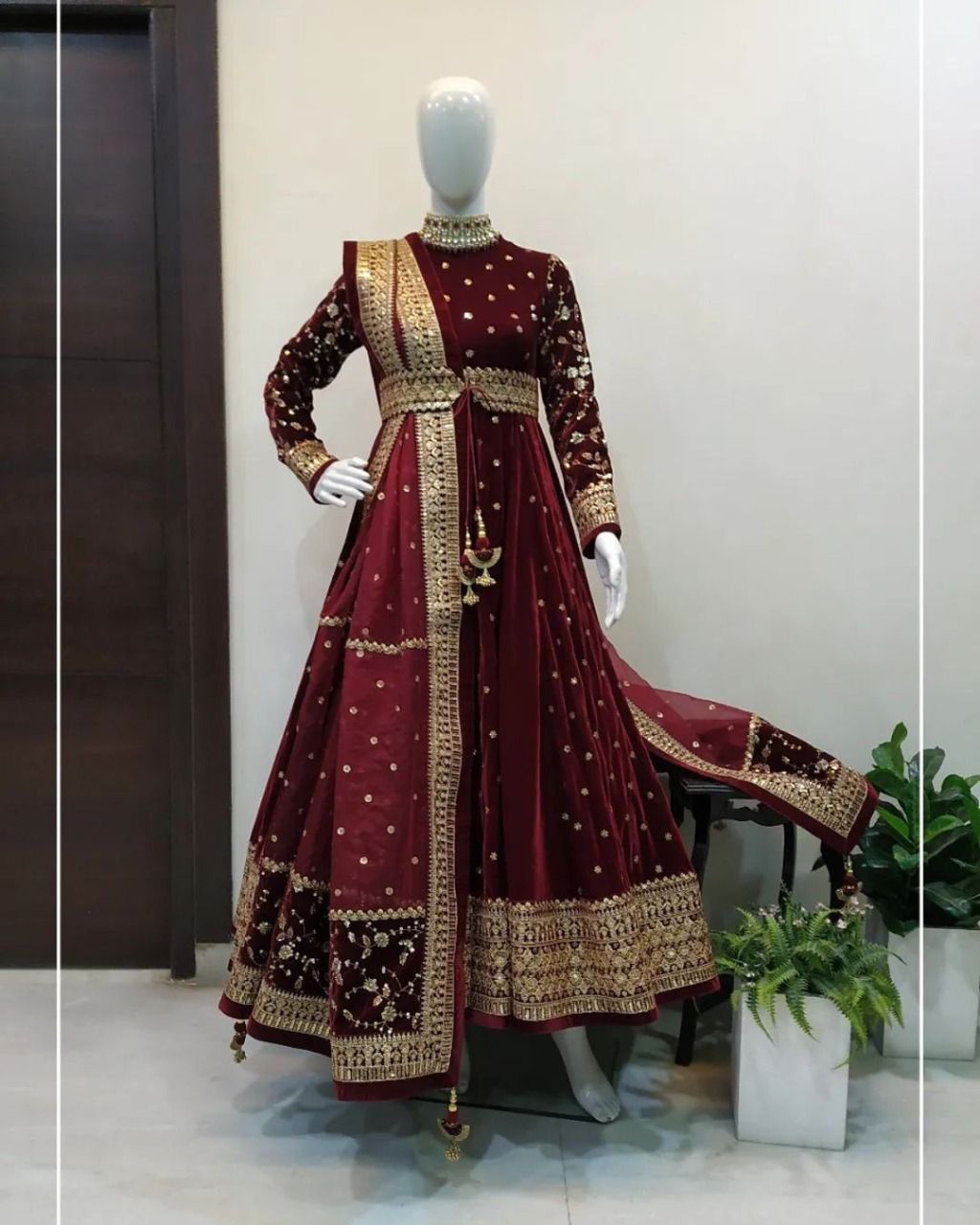 Maroon Anarkali Suit In 9000 Velvet With Thread Work