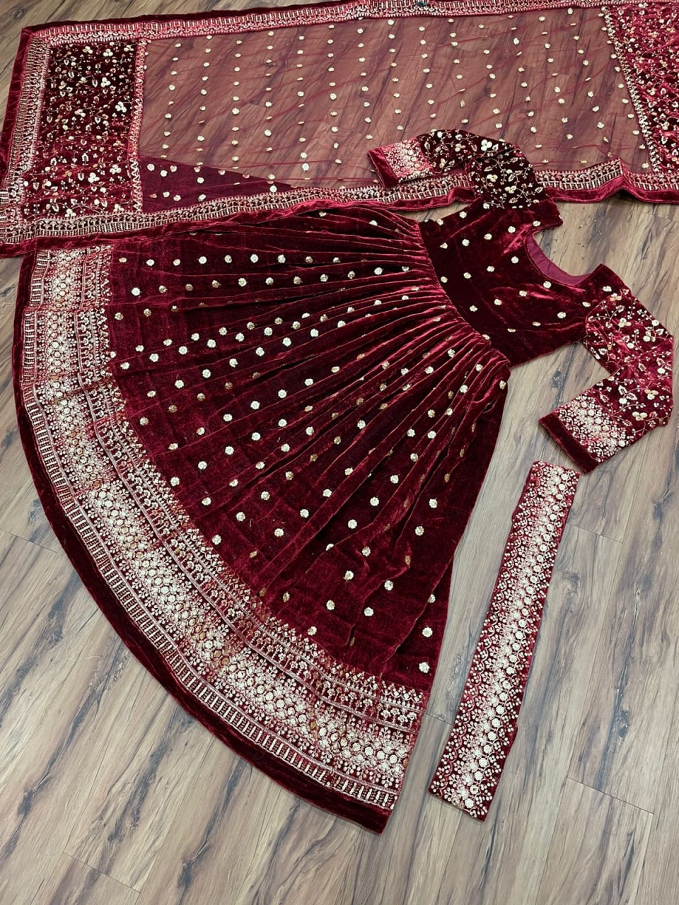 Maroon Anarkali Suit In 9000 Velvet With Thread Work