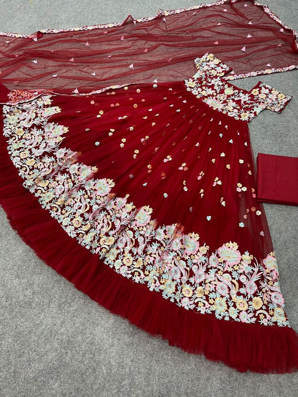 Maroon Salwar Suit In Butterfly Mono Net With Embroidery Work