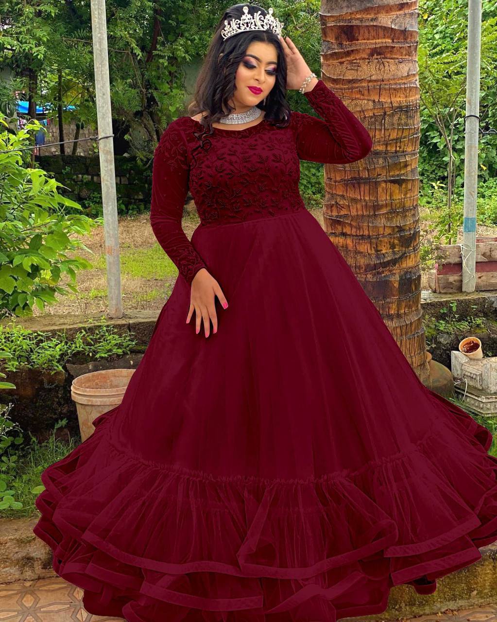 Maroon Gown In Butterfly Mono Net With Embroidery Work