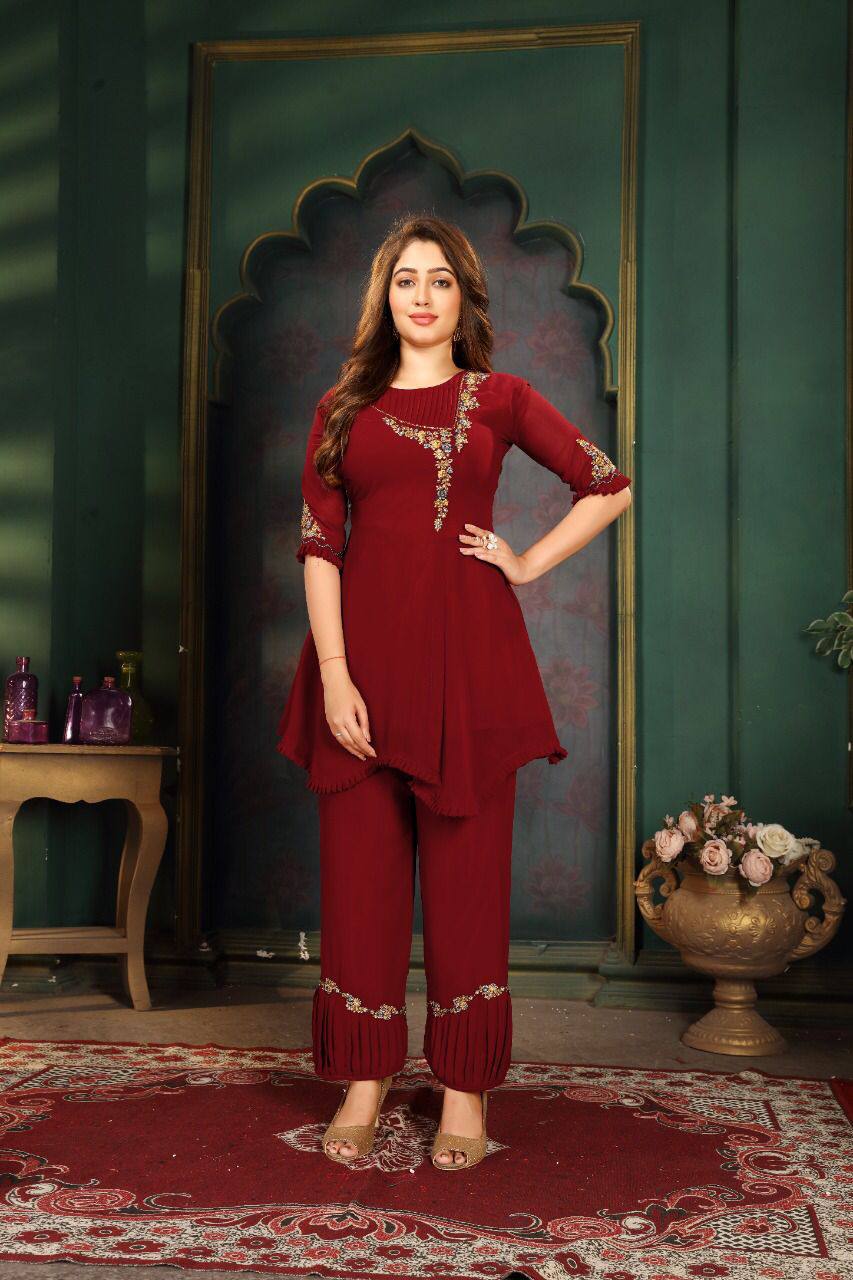 Maroon Salwar Suit In Faux Georgette With Embroidery Work