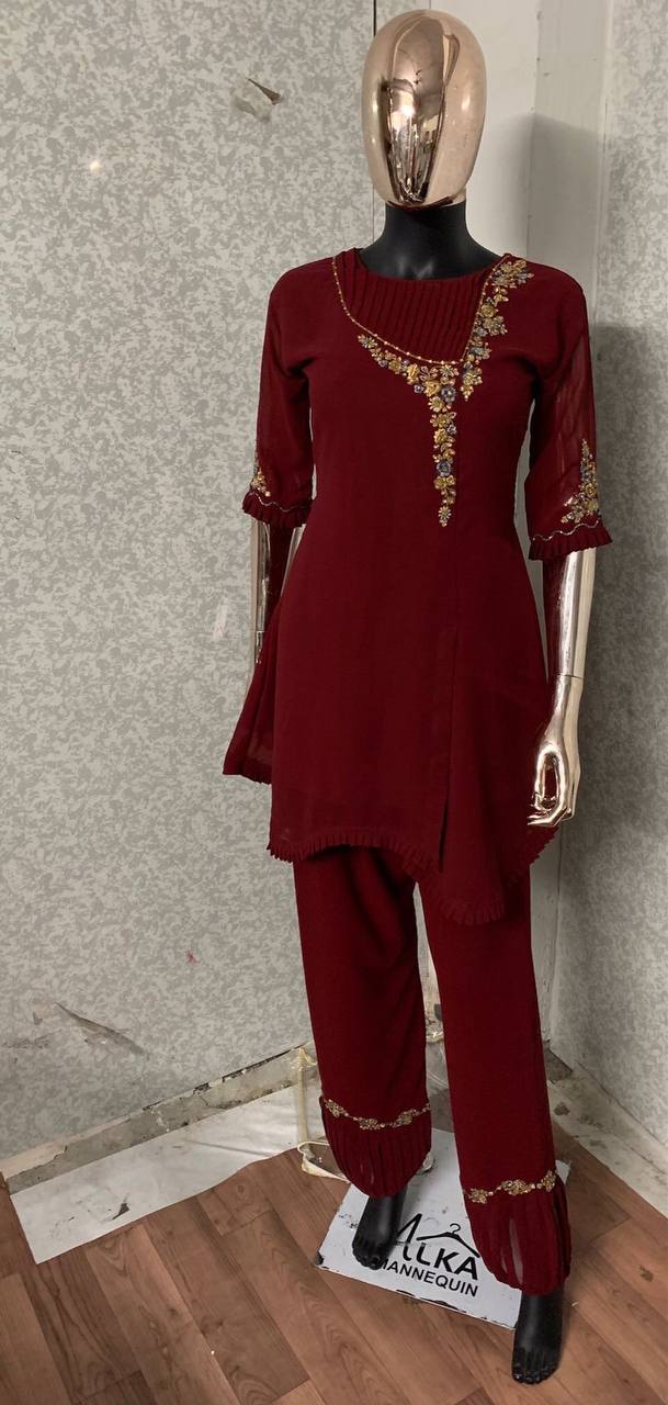 Maroon Salwar Suit In Faux Georgette With Embroidery Work