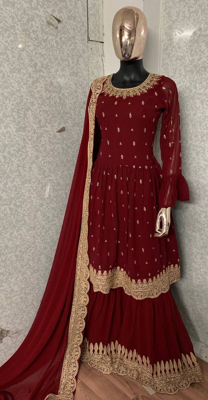 Maroon Salwar Suit In Faux Georgette With Embroidery Work