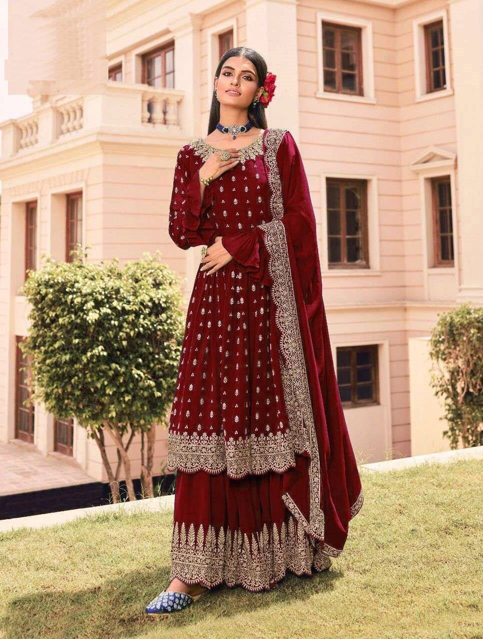 Maroon Salwar Suit In Faux Georgette With Embroidery Work