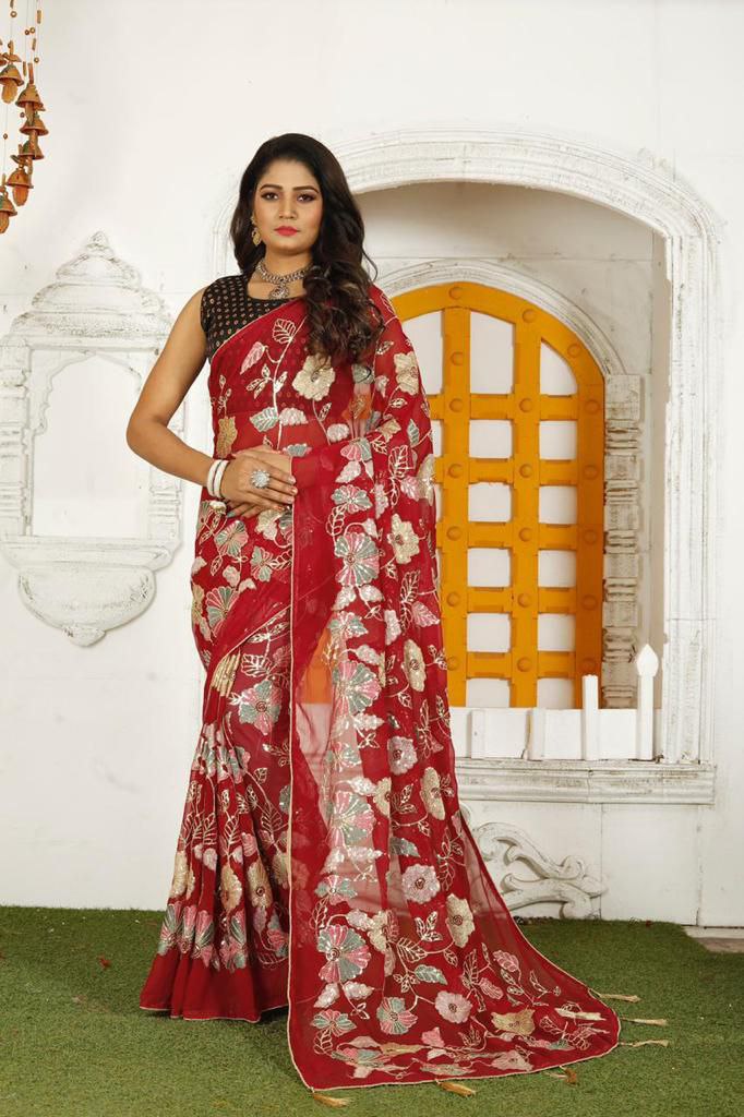 Maroon Saree In Fox Georgette With Embroidery Work