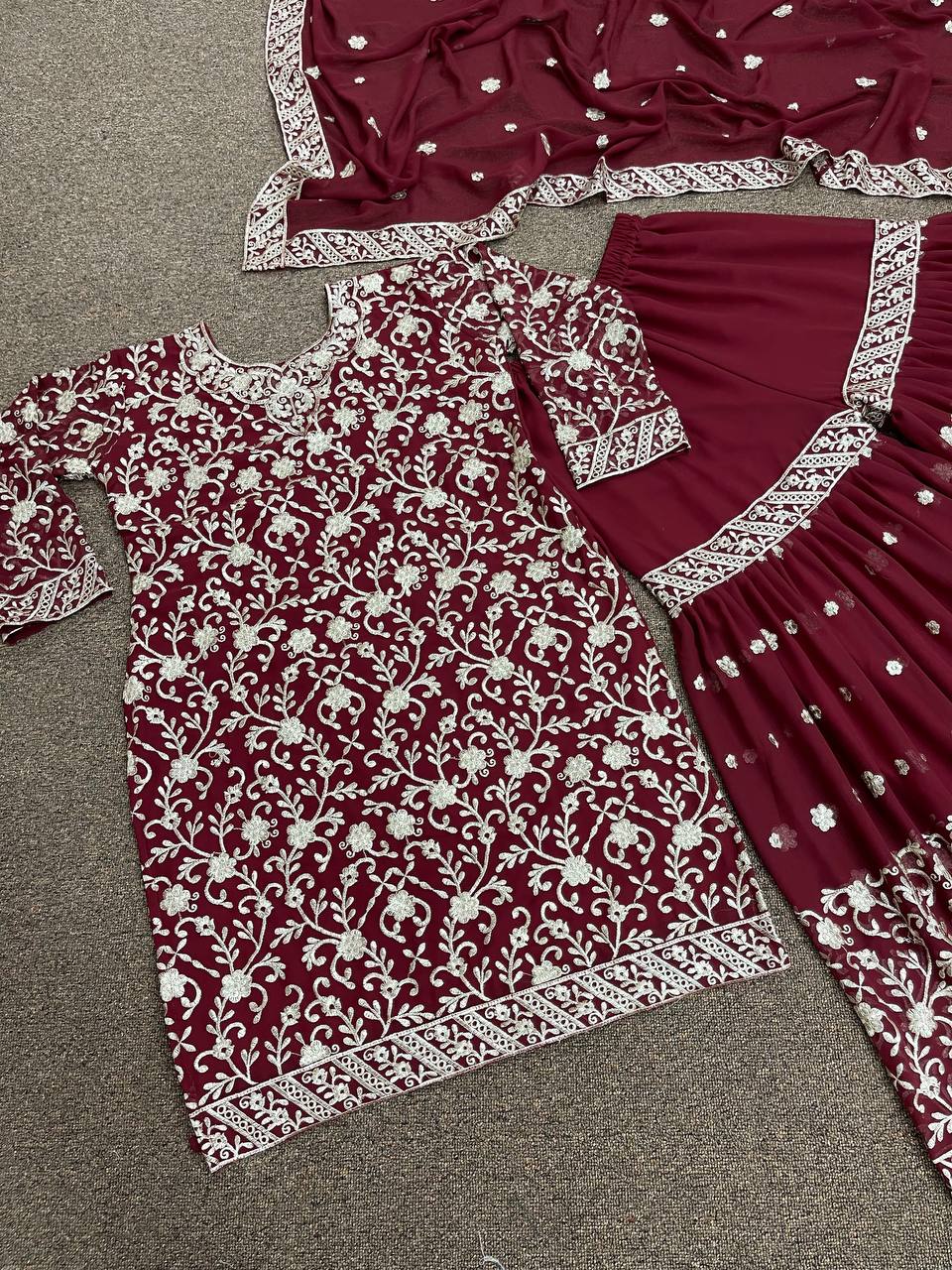 Maroon Sharara Suit In Fox Georgette With Embroidery Work