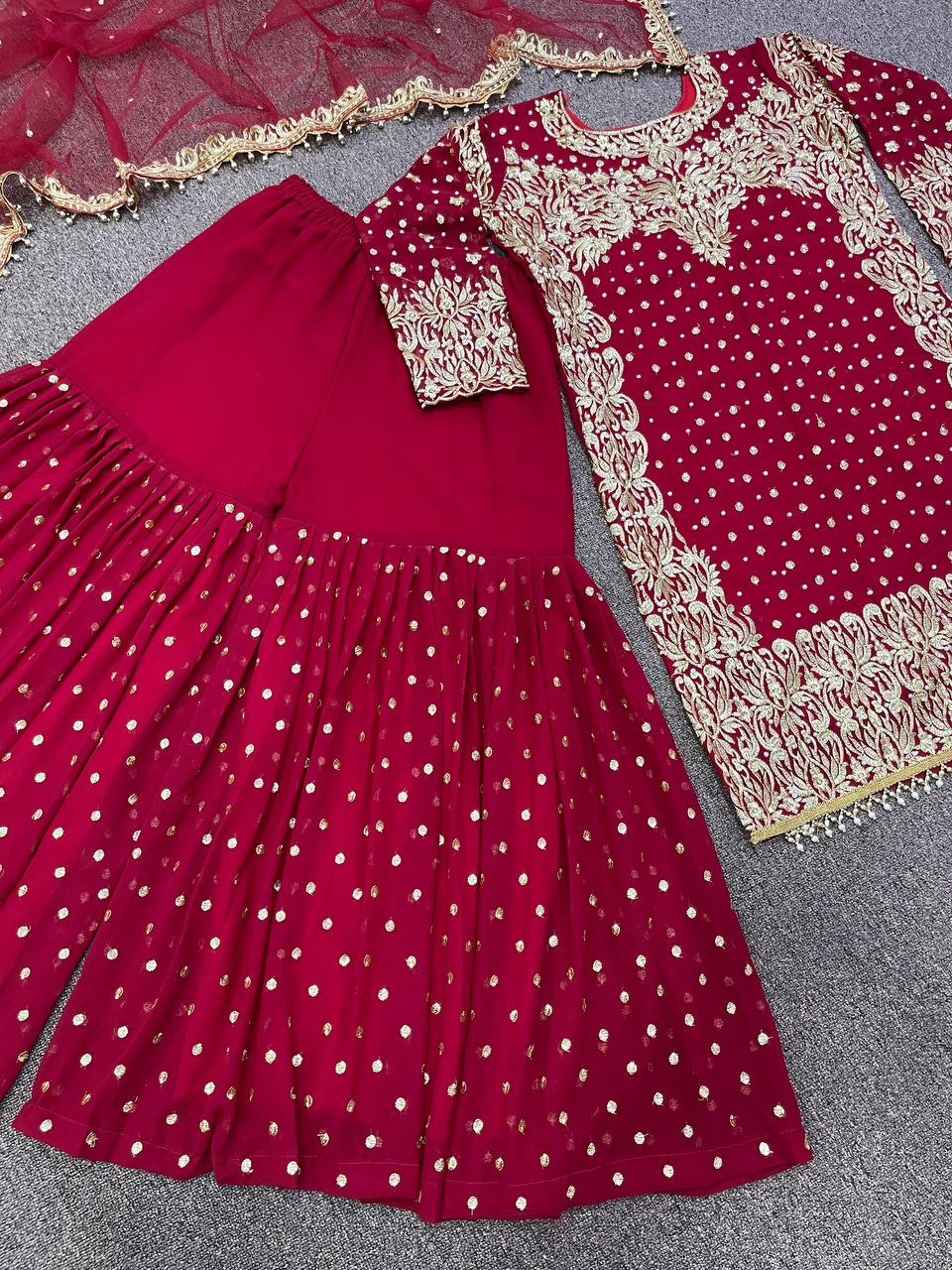 Maroon Sharara Suit In Fox Georgette With Embroidery Work