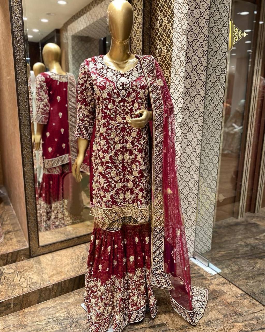 Maroon Sharara Suit In Fox Georgette With Embroidery Work