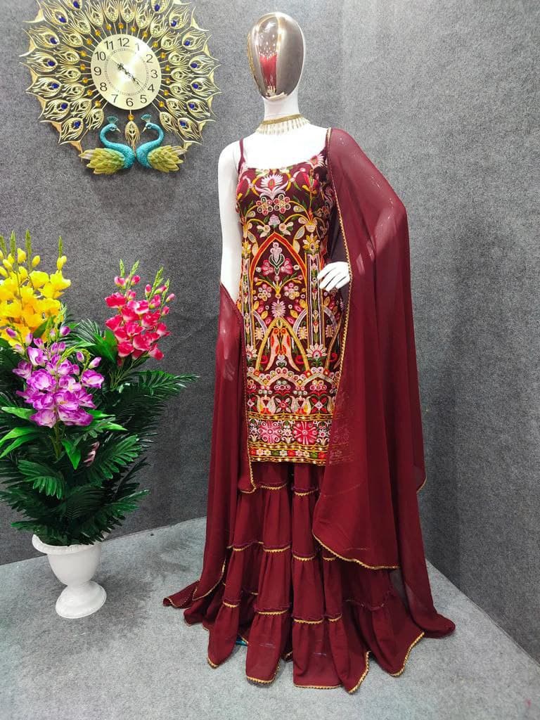 Maroon Salwar Suit In Fox Georgette With Embroidery Work