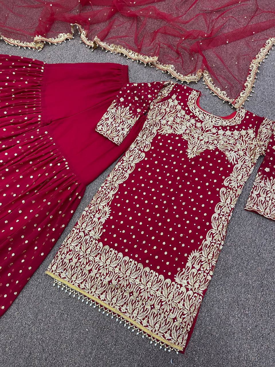 Maroon Sharara Suit In Fox Georgette With Embroidery Work