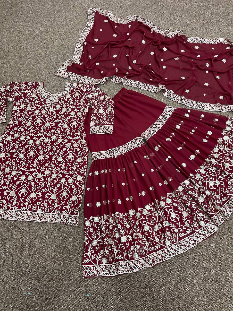 Maroon Sharara Suit In Fox Georgette With Embroidery Work