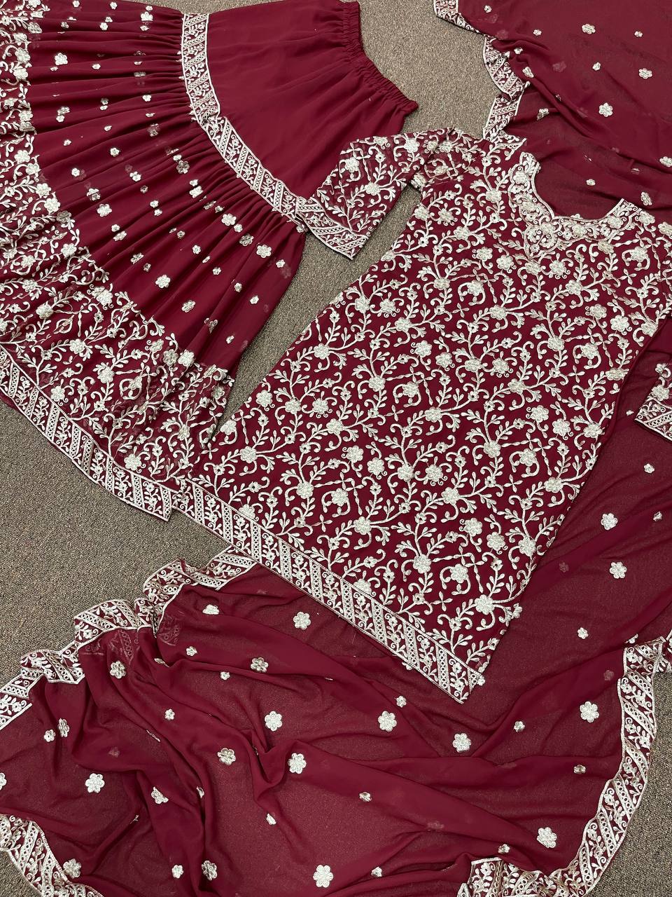 Maroon Sharara Suit In Fox Georgette With Embroidery Work