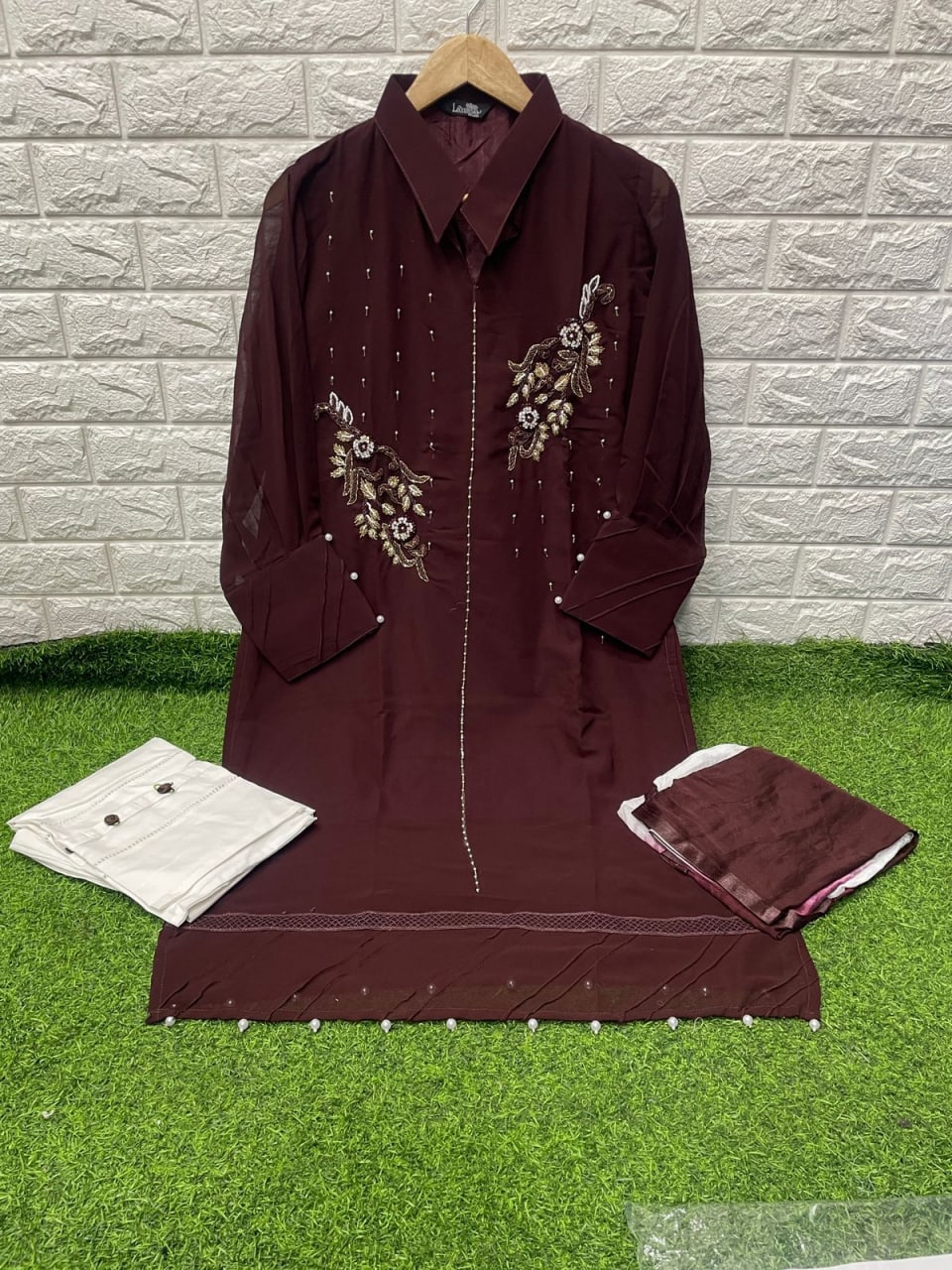 Maroon Salwar Suit In Fox Georgette With Hand Work