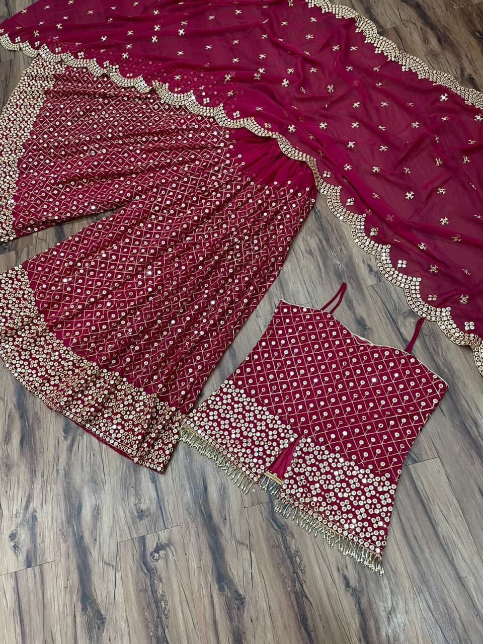 Maroon Georgette 9 MM Sequence Work Palazzo Suit