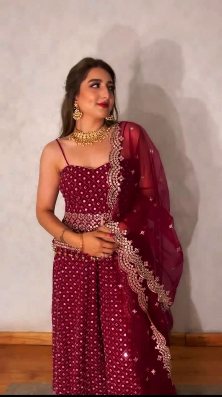 Maroon Georgette 9 MM Sequence Work Palazzo Suit