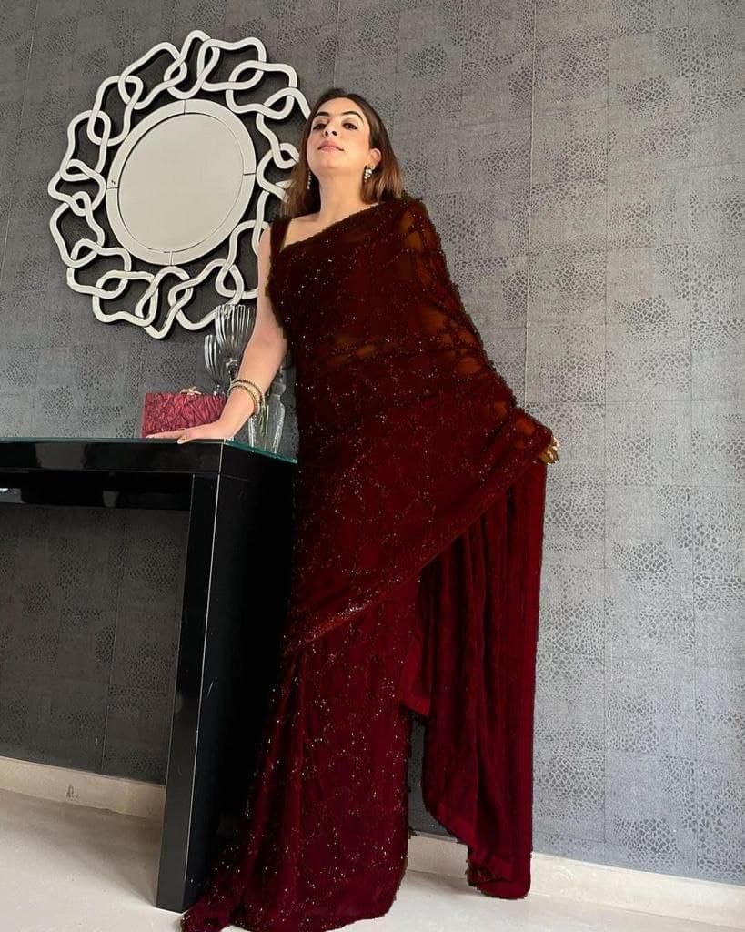 Maroon Saree In Georgette With Sequence Embroidery Work