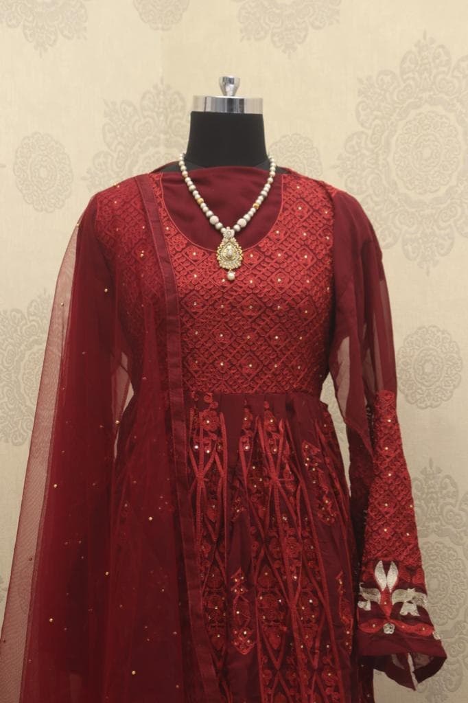 Maroon Anarkali Suit In Georgette Silk With Embroidery Work