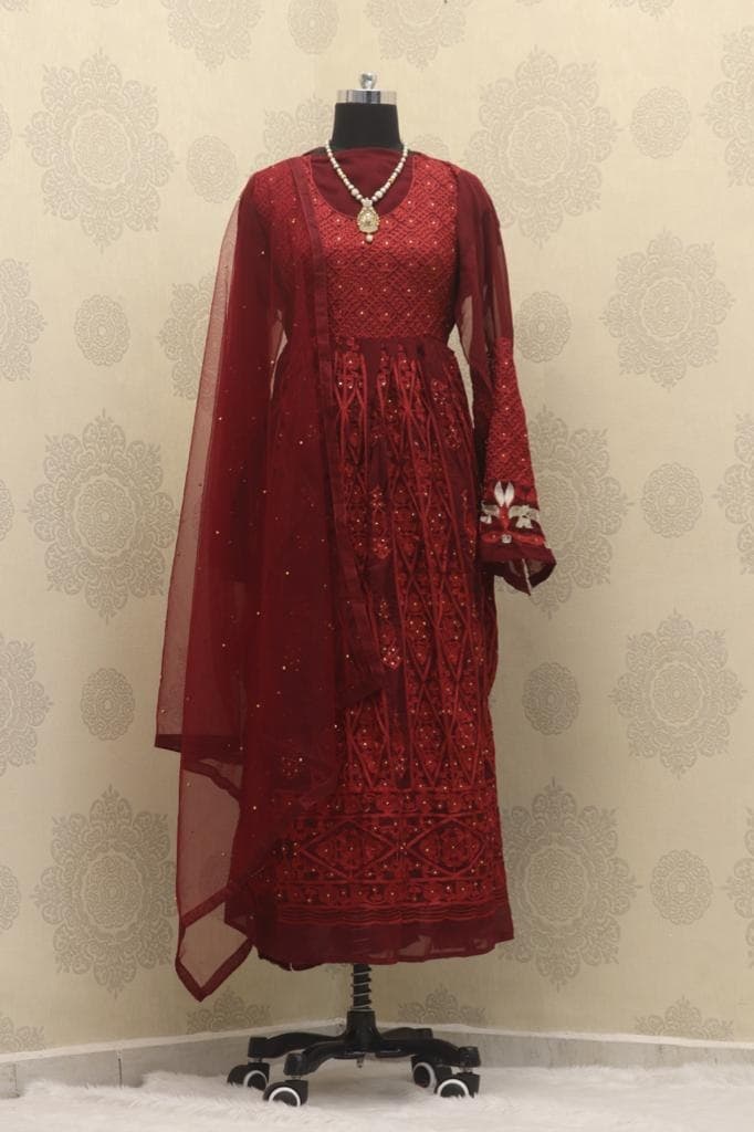 Maroon Anarkali Suit In Georgette Silk With Embroidery Work