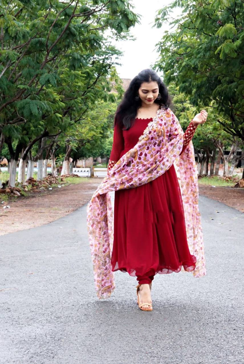 Maroon Anarkali Suit In Georgette Silk With Embroidery Work