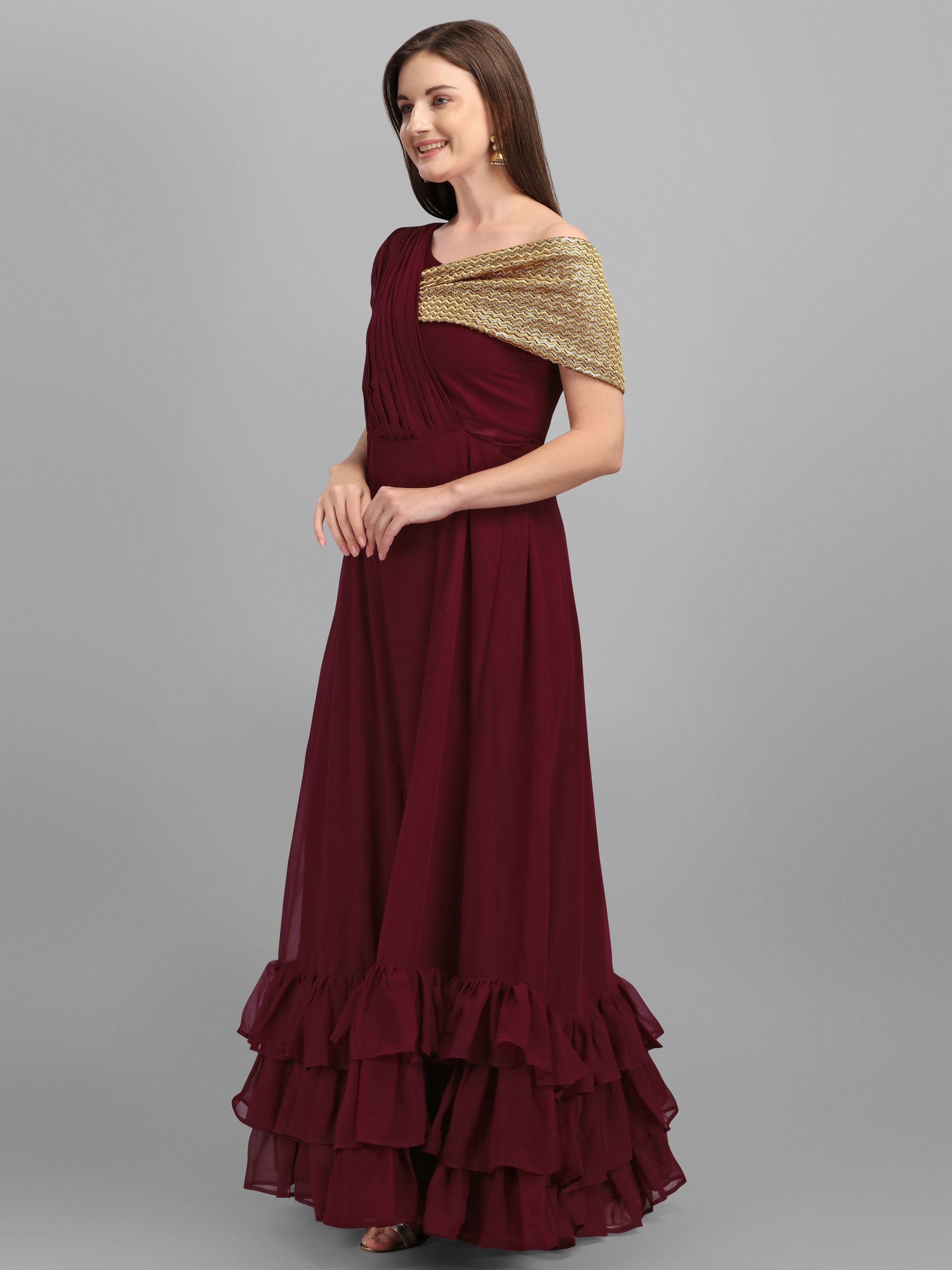 Maroon Georgette Silk Embroidery Work Gown