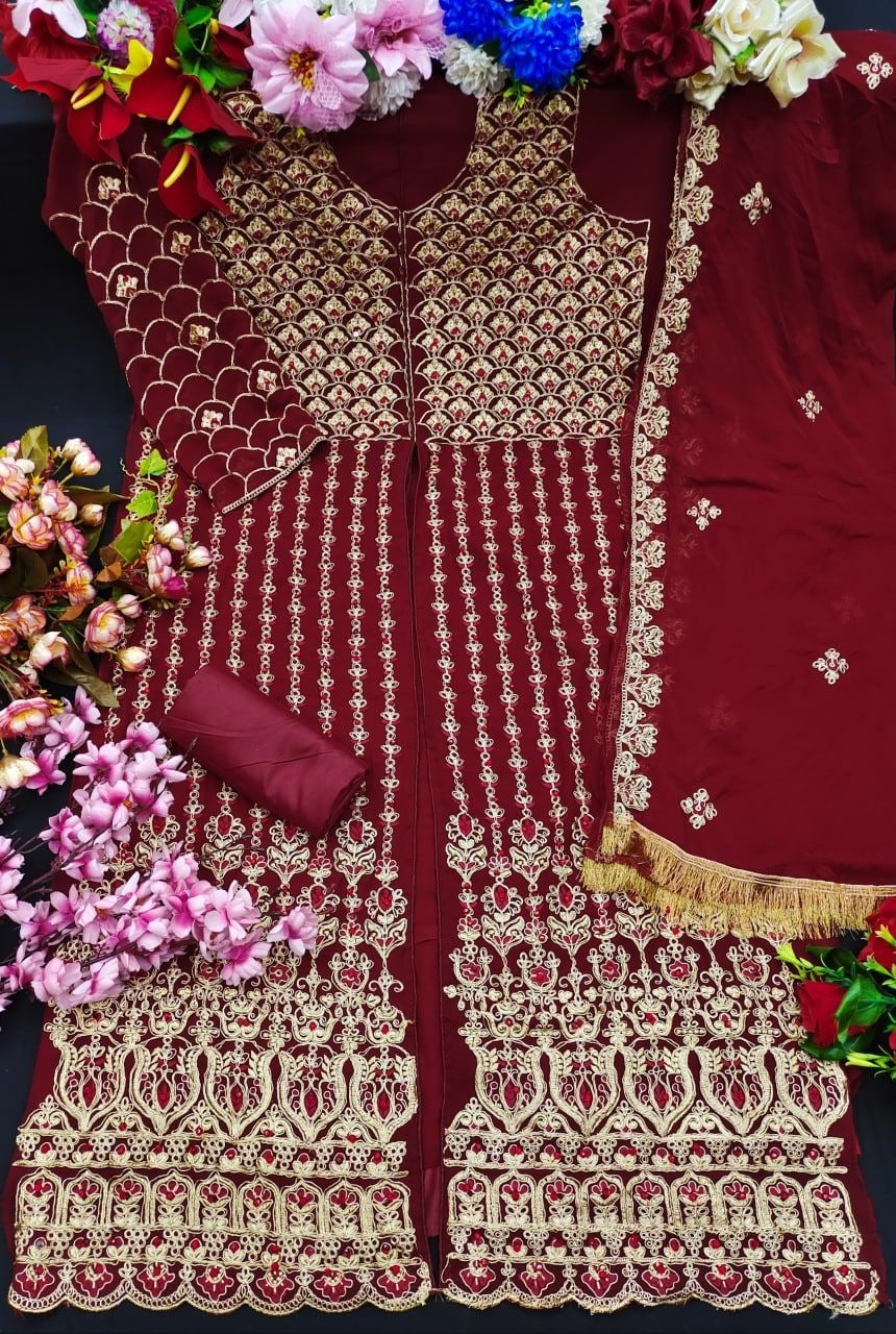 Maroon Salwar Suit In Georgette Silk With Embroidery Work