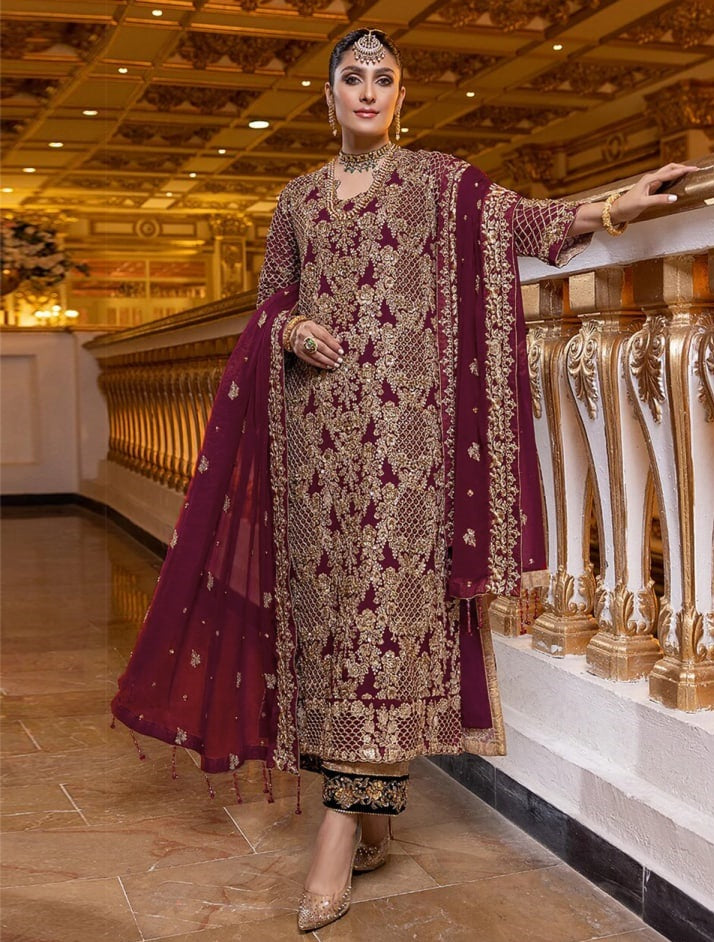 Maroon Salwar Suit In Georgette Silk With Embroidery Work