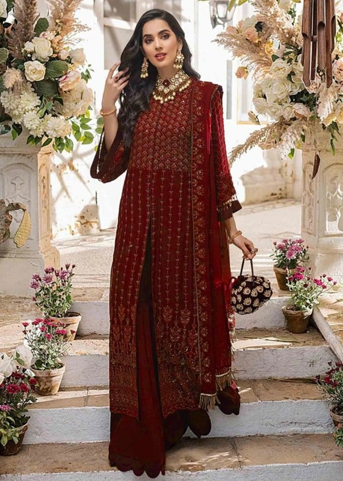 Maroon Salwar Suit In Georgette Silk With Embroidery Work