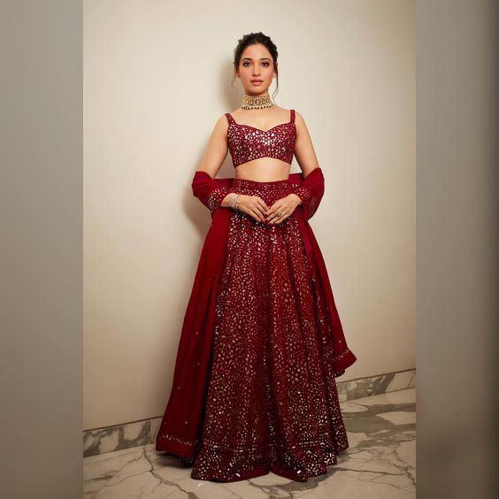 Maroon Lehenga Choli In Georgette Silk With Paper Mirror Work