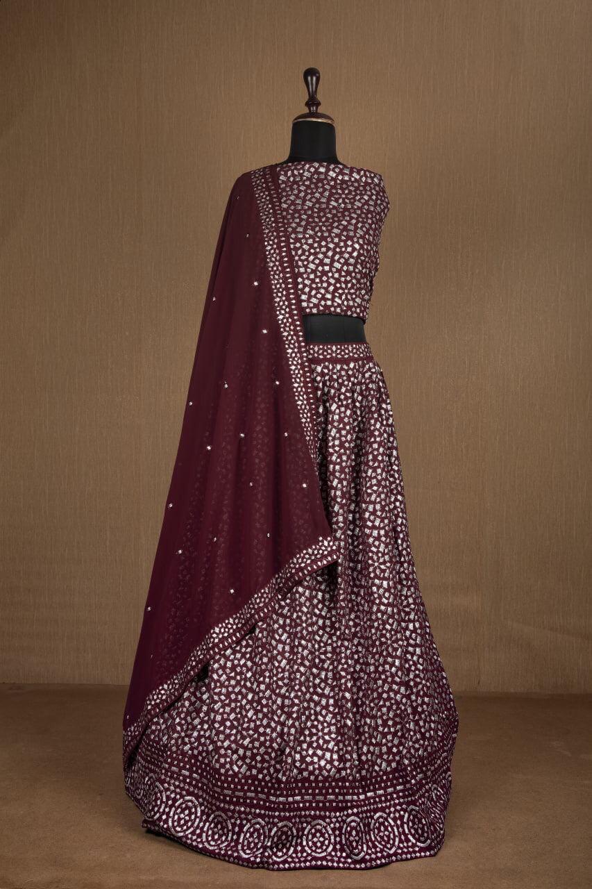 Maroon Lehenga Choli In Georgette Silk With Paper Mirror Work