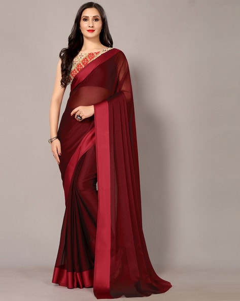 Maroon Saree In Georgette Silk With Plain