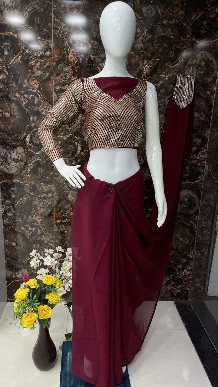 Maroon Saree In Georgette Silk With Plain