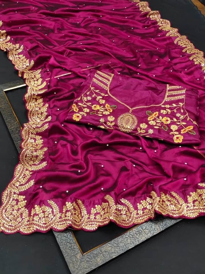 Maroon Saree In Heavy Black Rangoli Silk With Embroidery Sequence Work