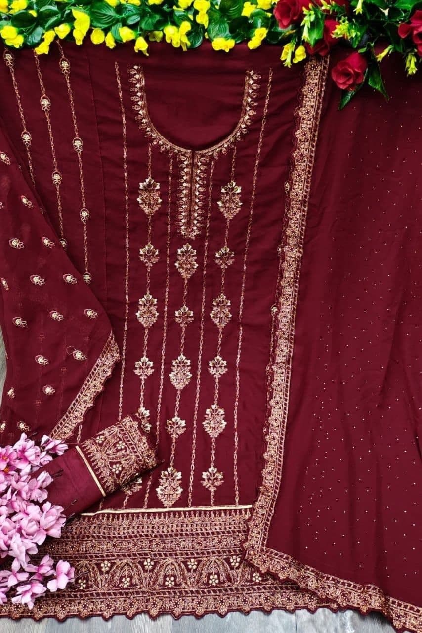 Maroon Salwar Suit In Heavy Fox Georgette With Embroidery Work