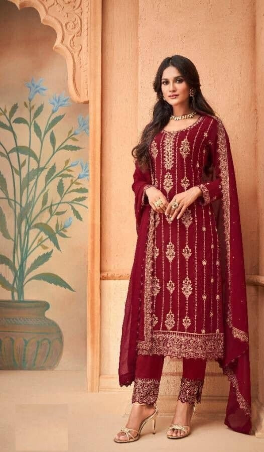 Maroon Salwar Suit In Heavy Fox Georgette With Embroidery Work