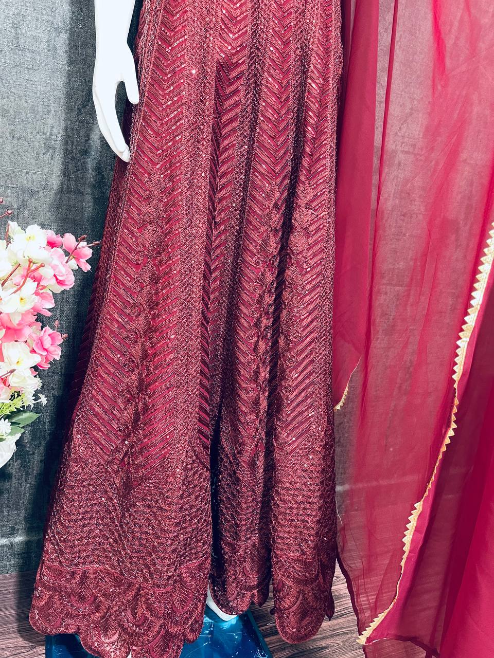 Maroon Heavy Georgette Silk Chain Stitch Work Gown